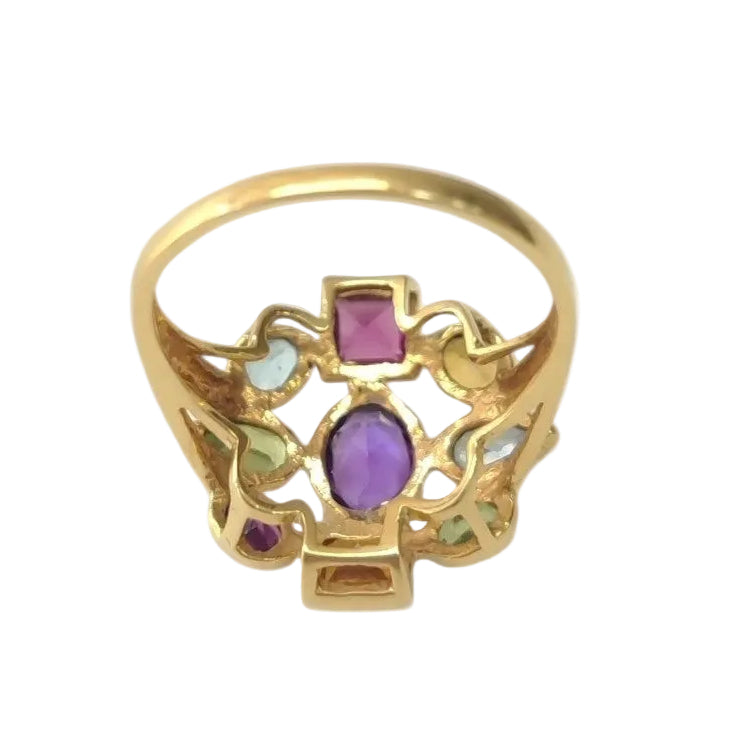 Cocktail Ring in yellow gold with Amethyst, Peridot, Aquamarine, Citrine, and Rhodolites