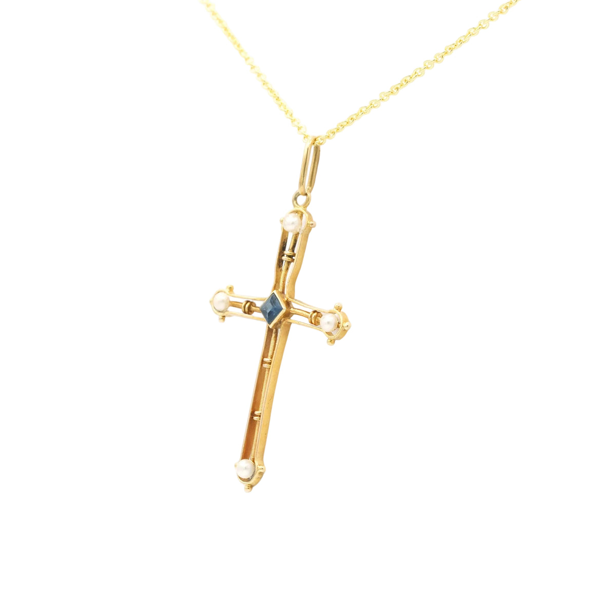 Yellow gold, sapphire, and pearl pendant