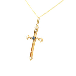 Yellow gold, sapphire, and pearl pendant