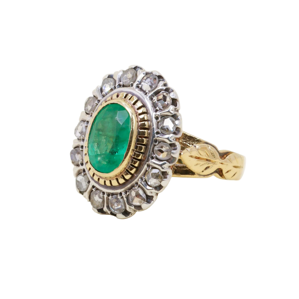 "Entourage" Ring in Yellow Gold, Silver, Emerald, and Diamonds