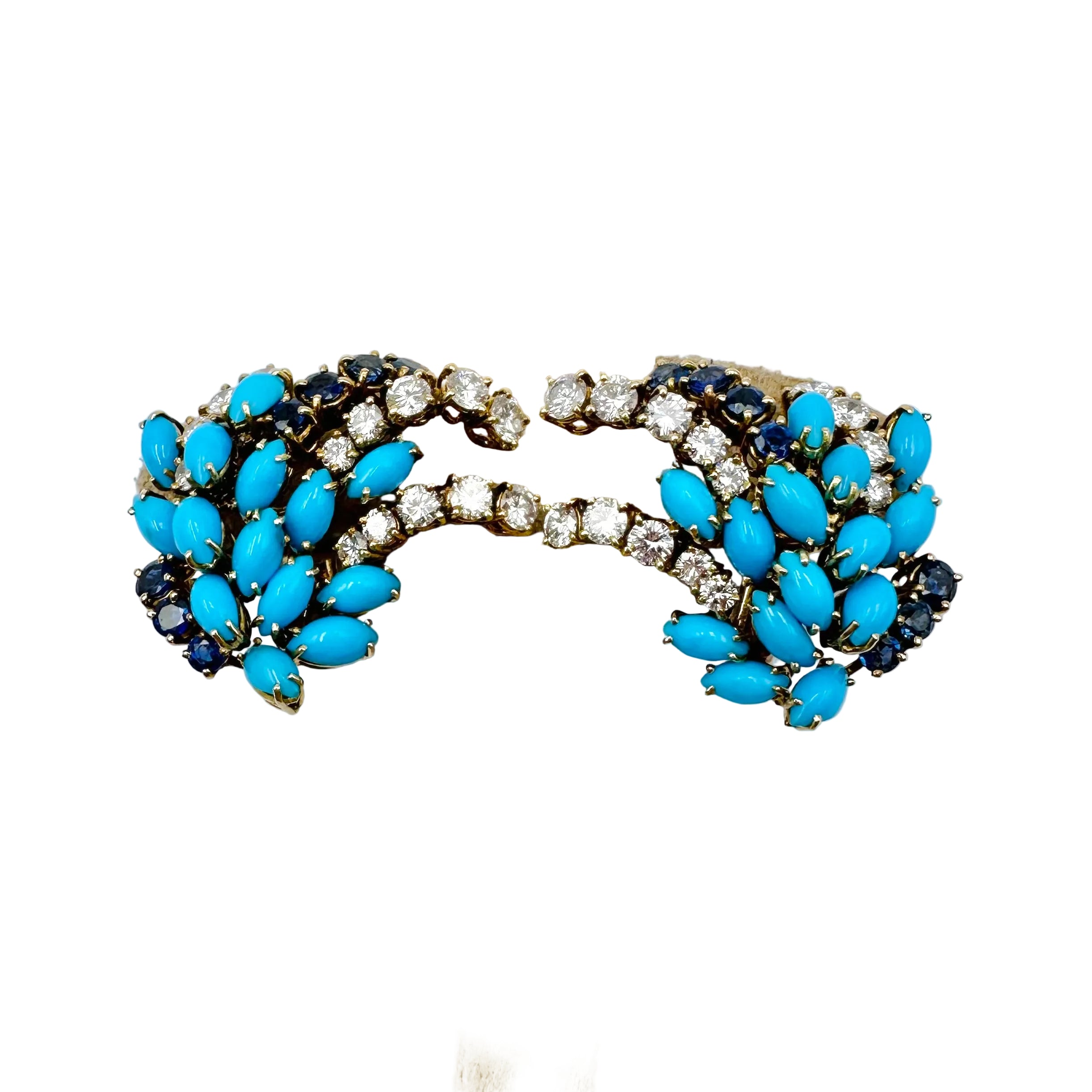 Earrings Clips BOUCHERON yellow gold, turquoise, sapphires and diamonds
