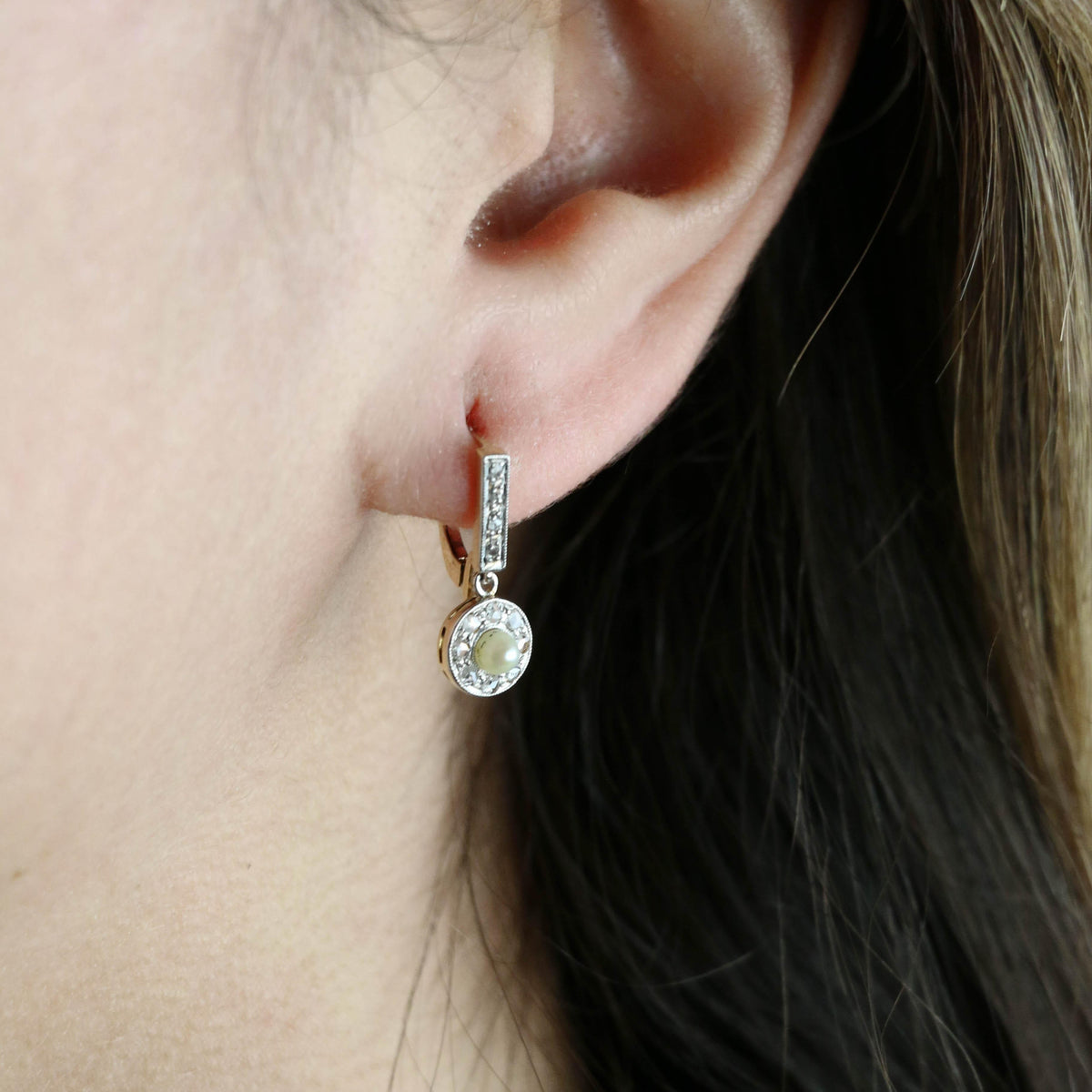 Yellow Gold Lever-back Earrings with Pearls and Diamonds