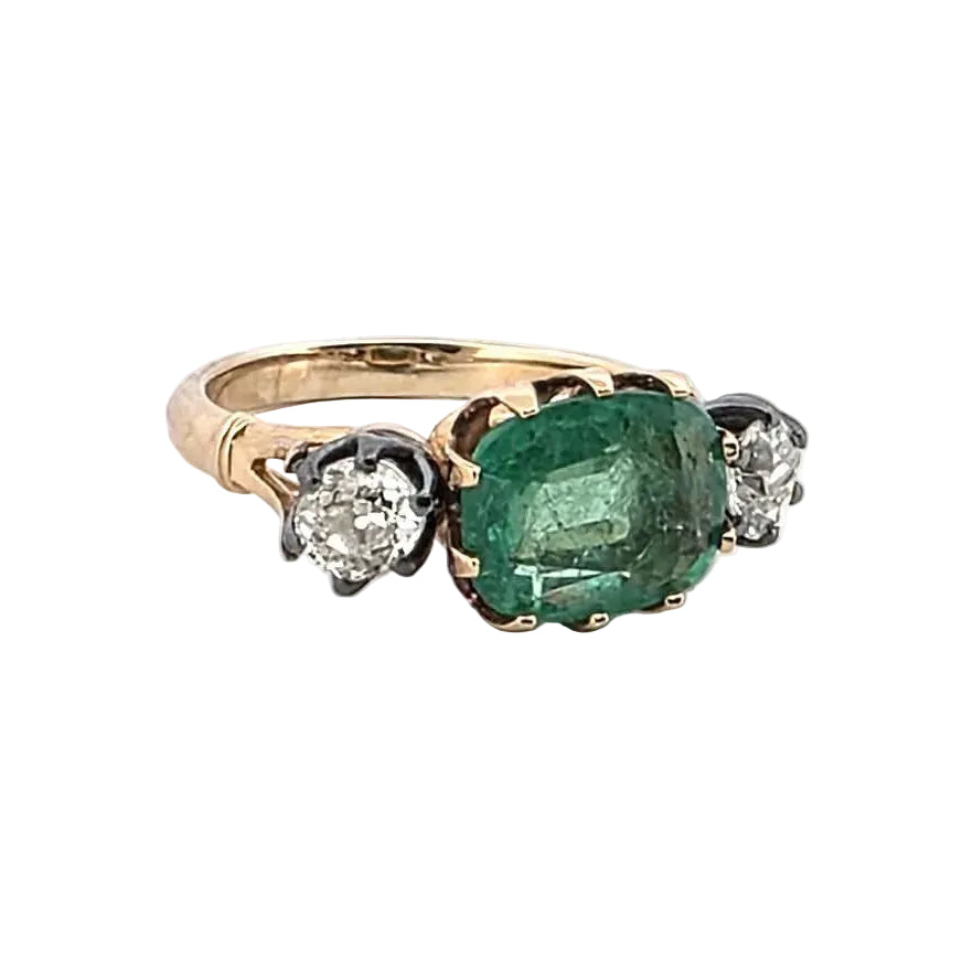 Trilogy Ring in Yellow Gold, Emerald, and Diamonds