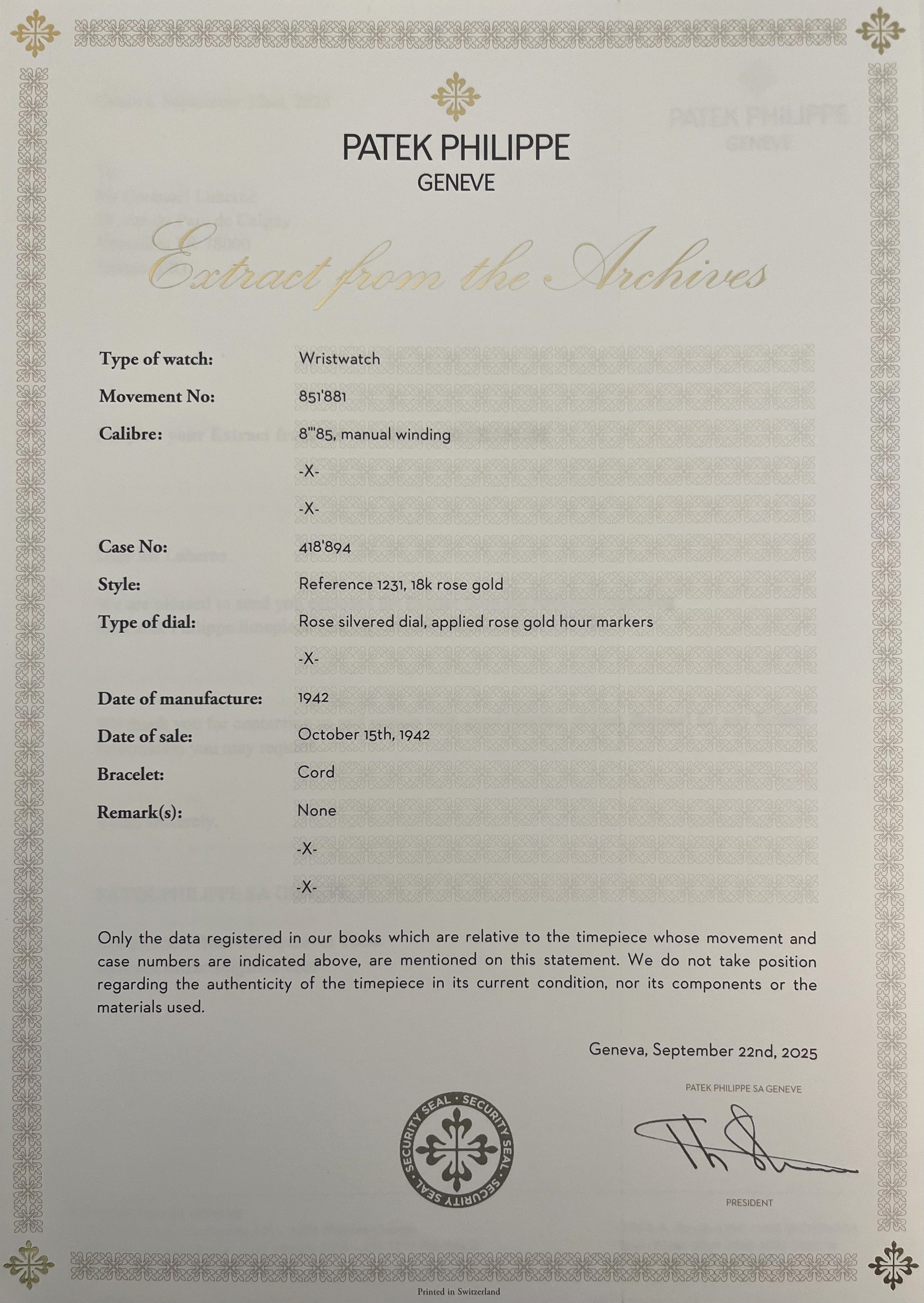 Patek Philippe montre de dame or rose 18 carats (750/000), circa 1942