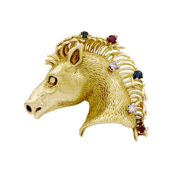 Broche "protomée de cheval", or jaune, diamants, rubis, saphir et émeraude.