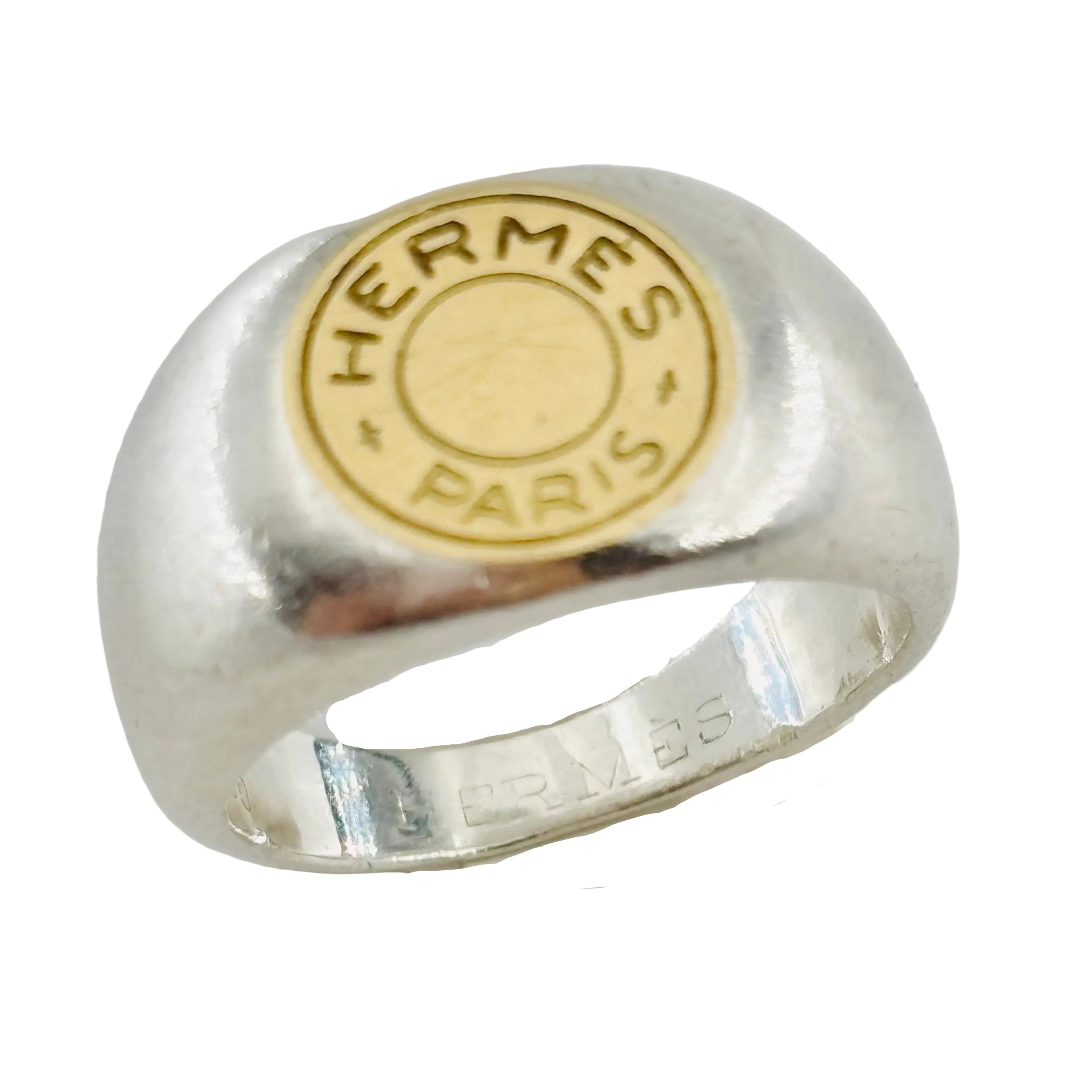HERMÈS "Clou de selle" Signet ring in Silver and Yellow gold