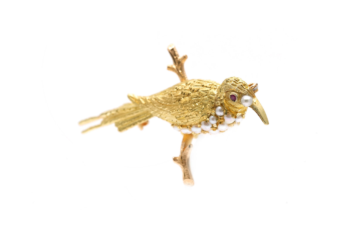 Broche Épingle en or jaune, perles et rubis