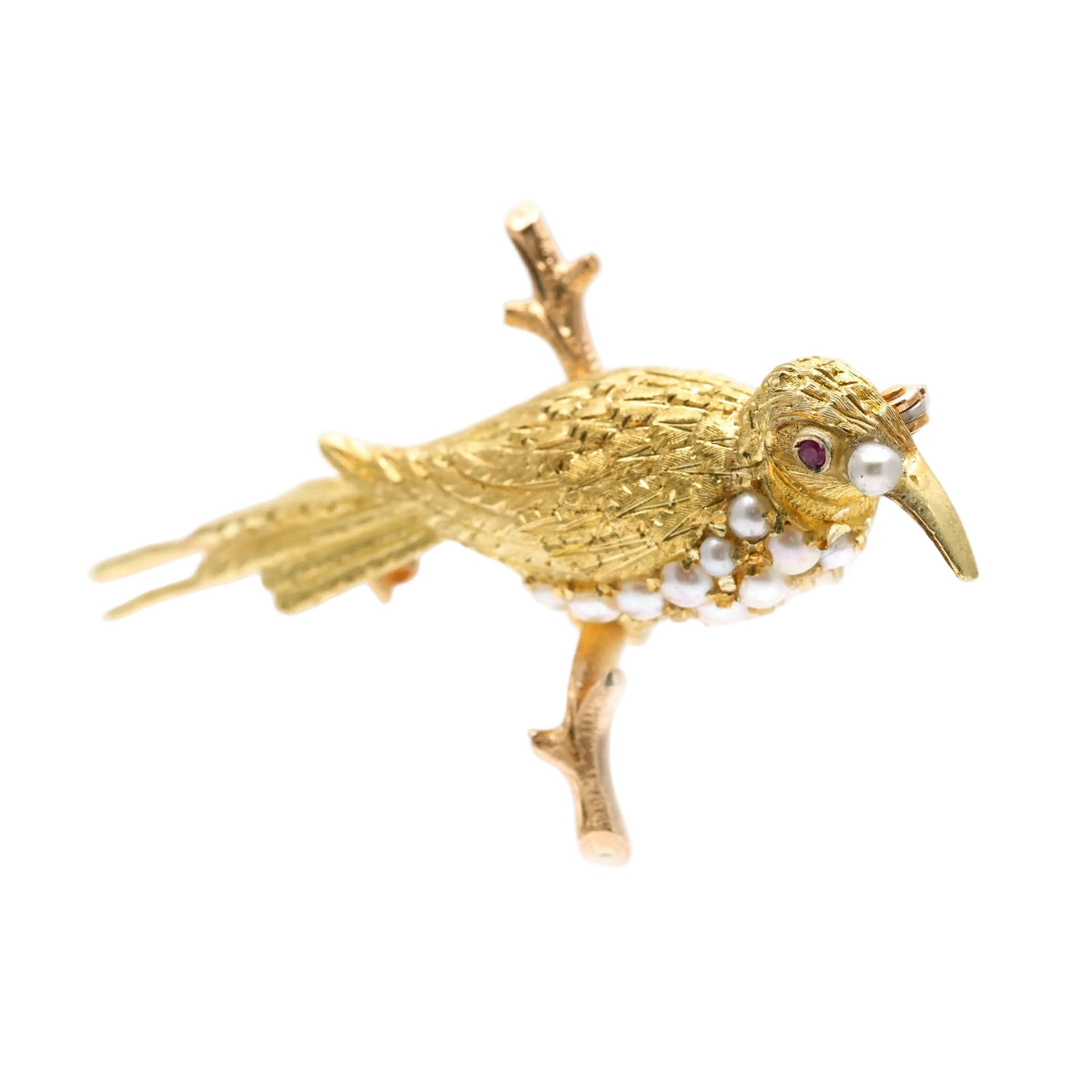 Yellow Gold Brooch with Pearls and Rubies