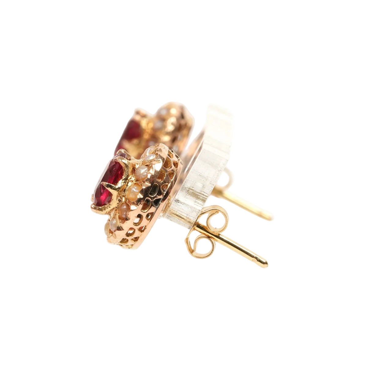 Yellow Gold Stud Earrings with Pearls and Rubies