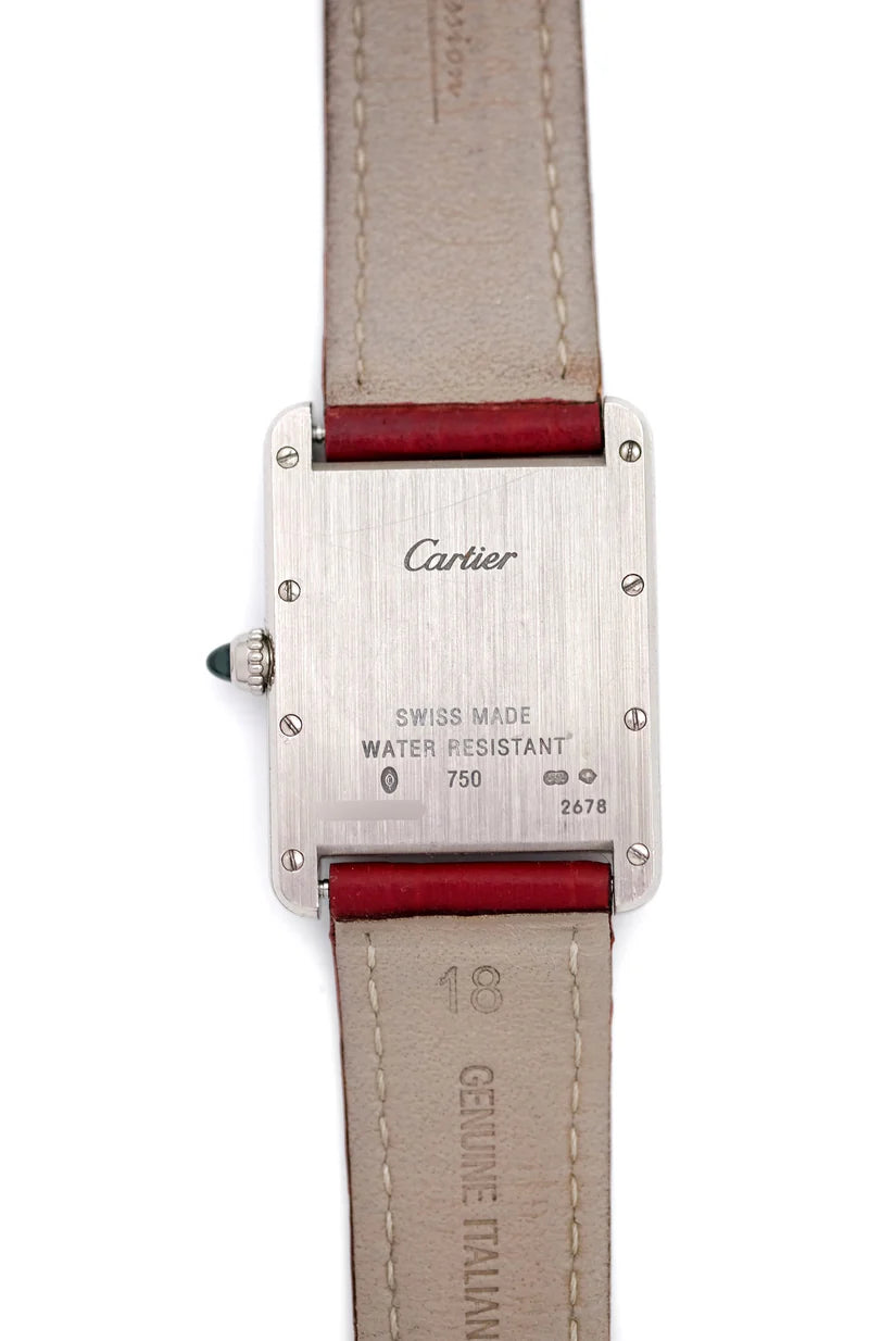 CARTIER "Tank Louis" watch in white gold, sapphire, and leather