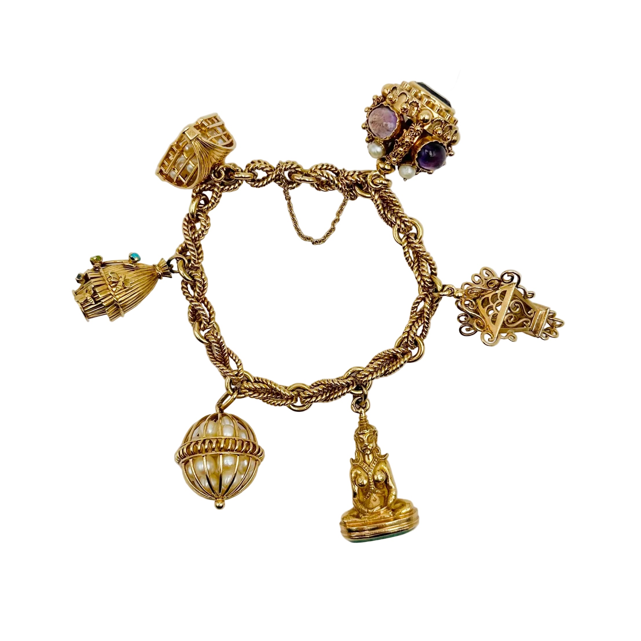 Link Bracelet Yellow gold charms, pearls, amethysts, amazonite, garnet, turquoise, ruby and sapphire