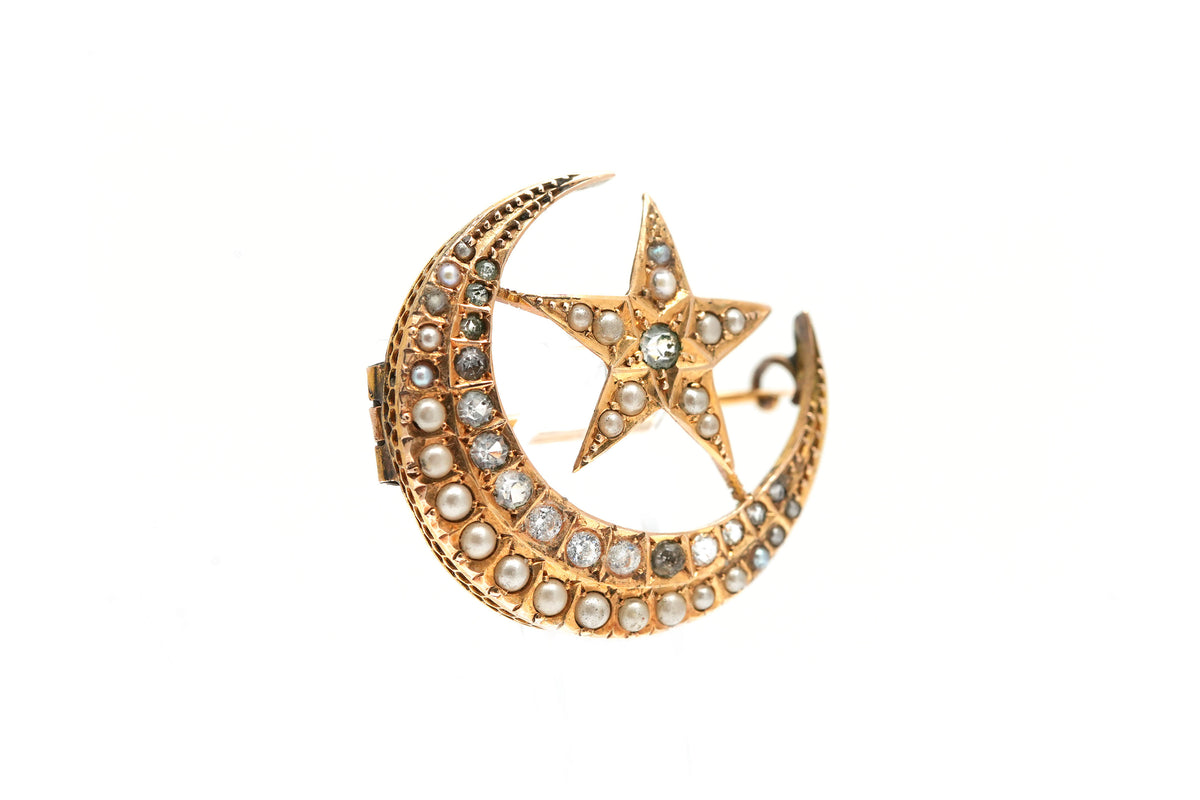 Yellow Gold Brooch with Pearls and Rhinestones