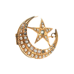 Yellow Gold Brooch with Pearls and Rhinestones