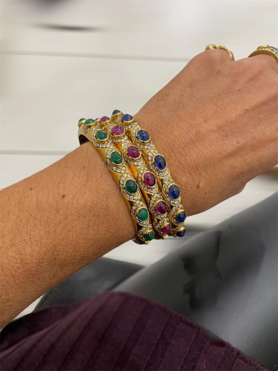 Diamonds, Sapphire, Ruby, Emerald Gold Trio Of Bangle Bracelets - Castafiore