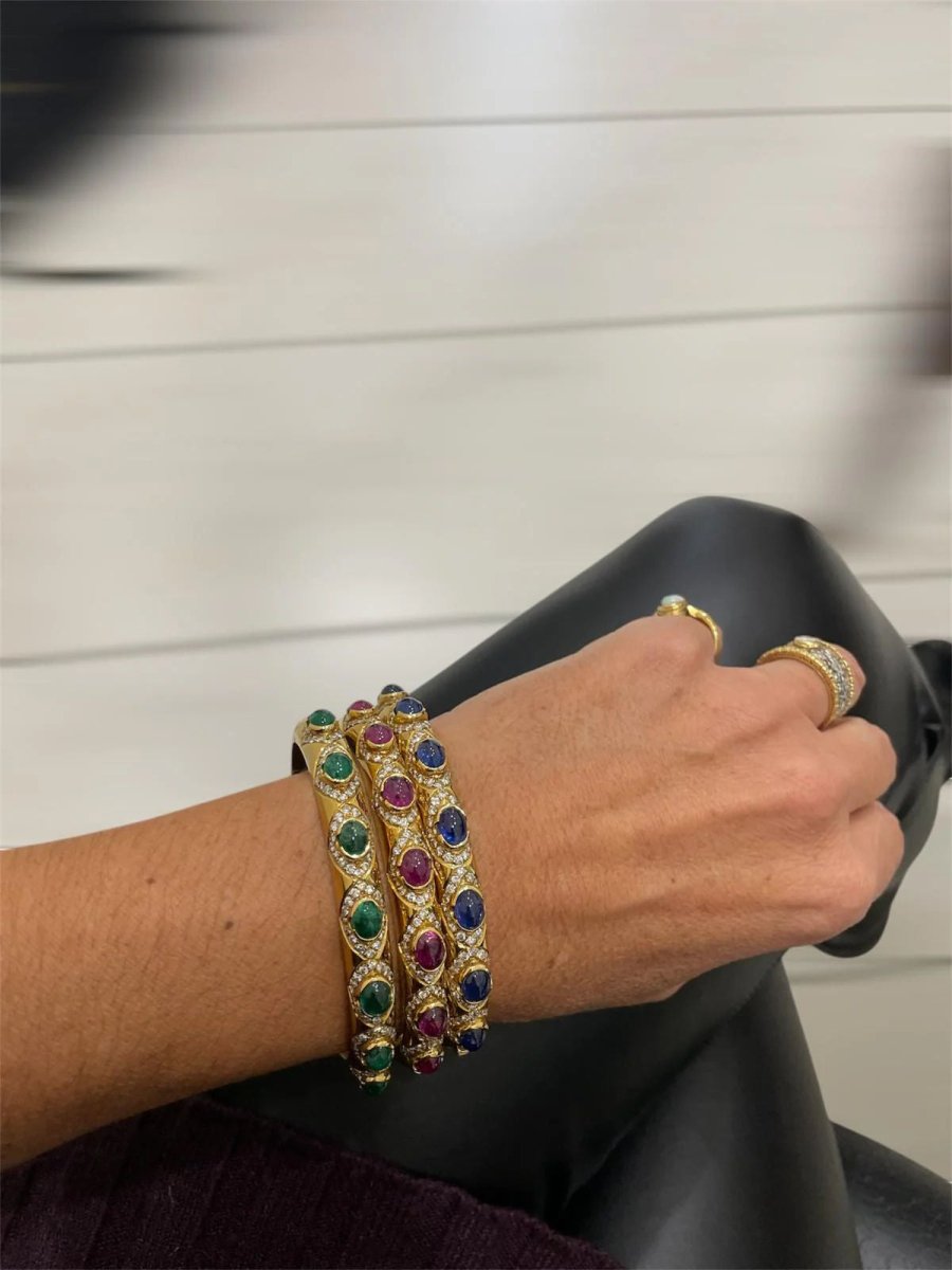 Diamonds, Sapphire, Ruby, Emerald Gold Trio Of Bangle Bracelets - Castafiore