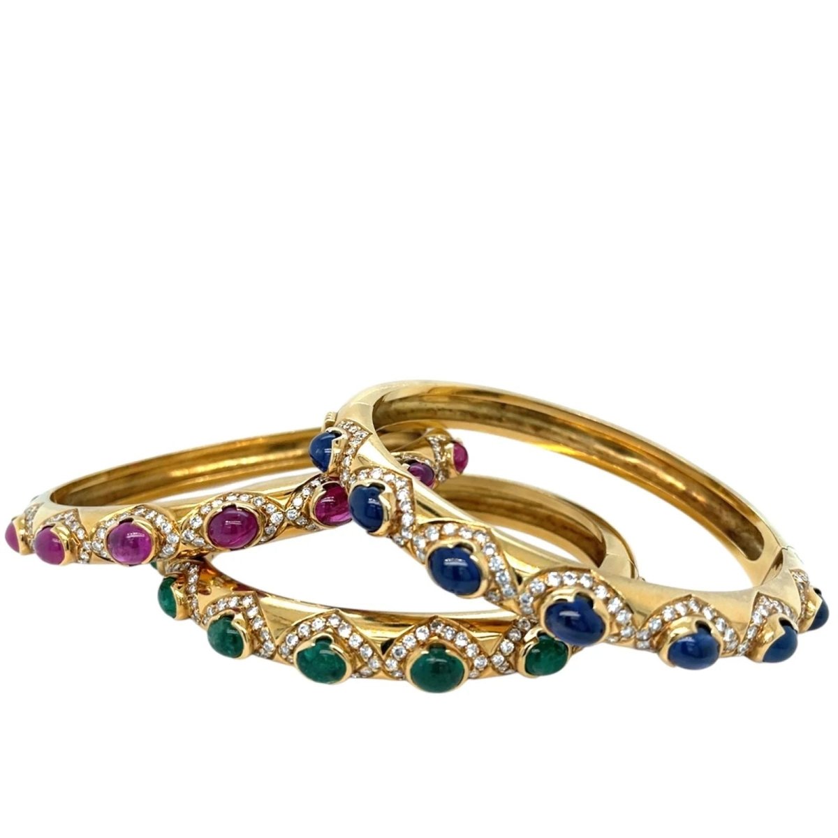 Diamonds, Sapphire, Ruby, Emerald Gold Trio Of Bangle Bracelets - Castafiore