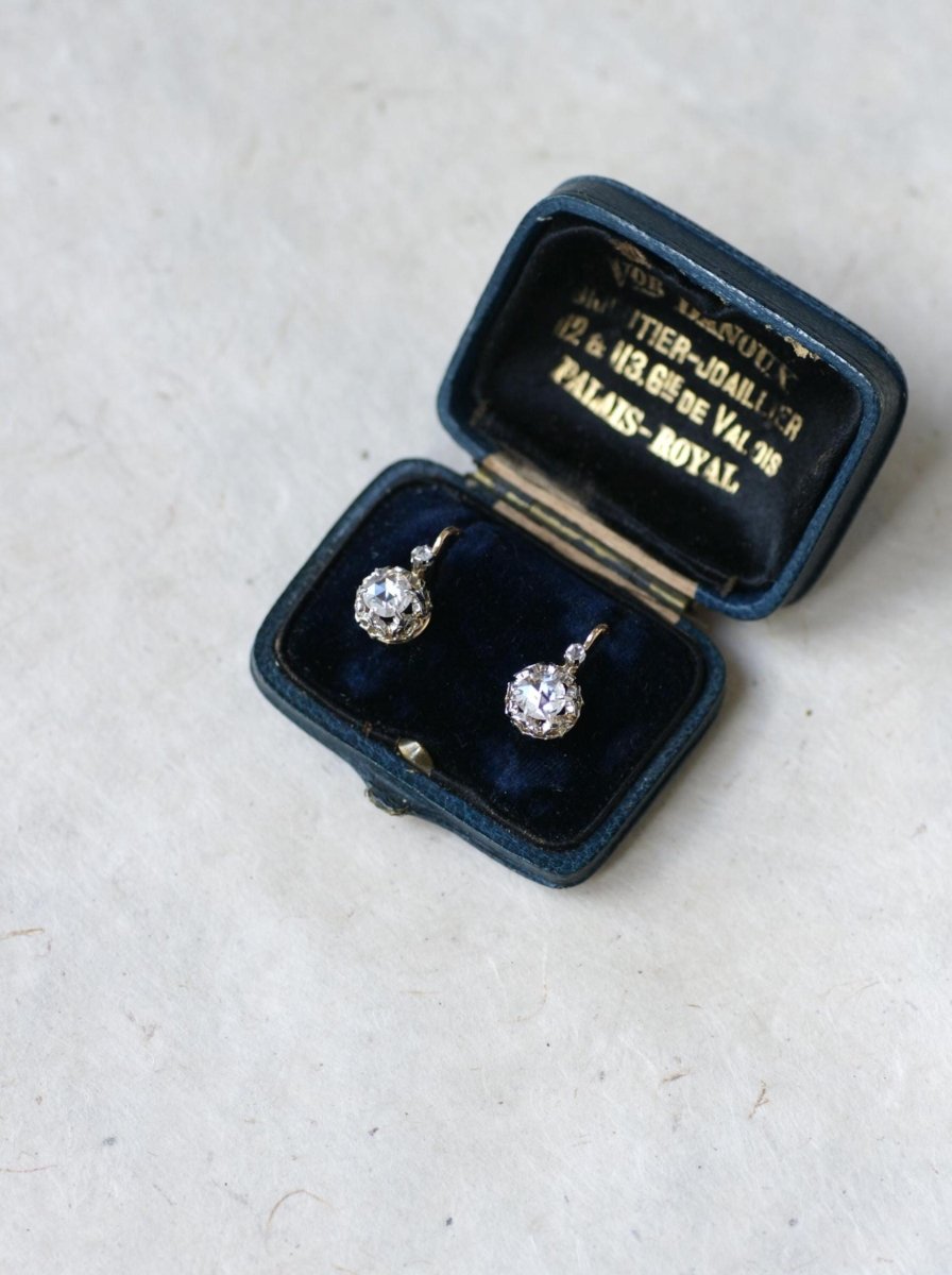 Dormeuses Anciennes Diamants Rose Couronnée sur Or Rose - Castafiore