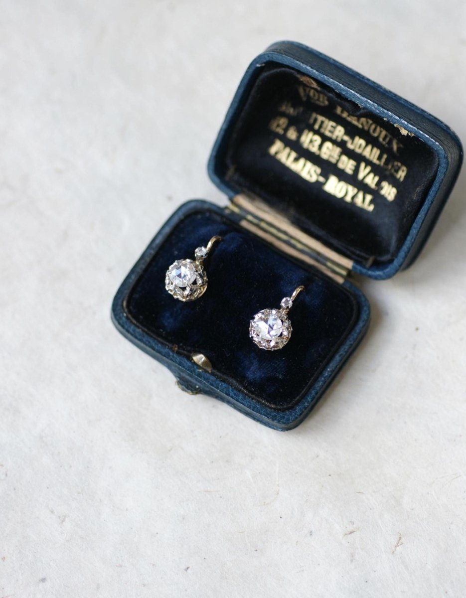 Dormeuses Anciennes Diamants Rose Couronnée sur Or Rose - Castafiore