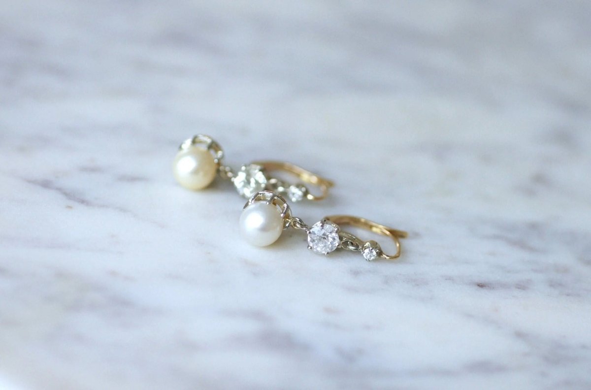 Dormeuses Art Deco or, perles, et diamants - Castafiore