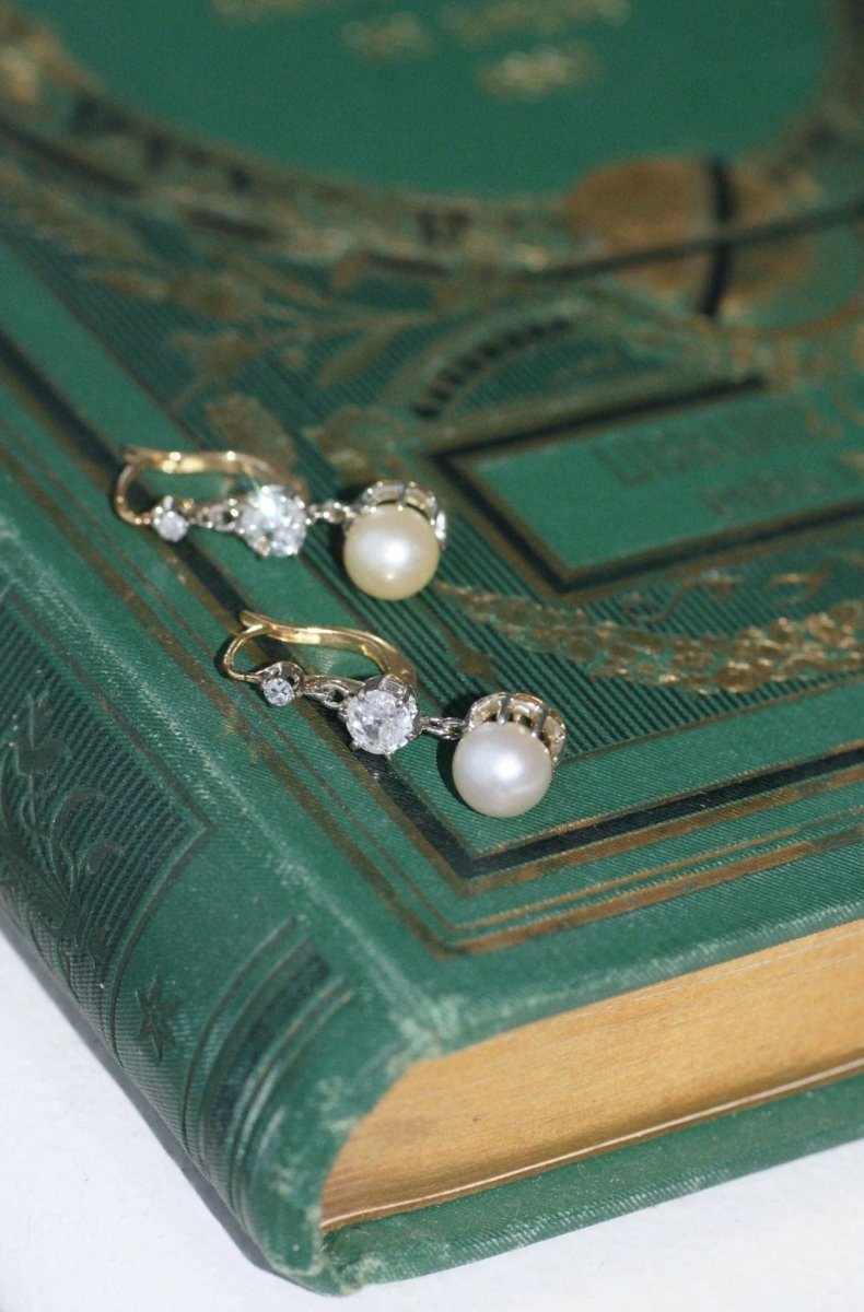 Dormeuses Art Deco or, perles, et diamants - Castafiore