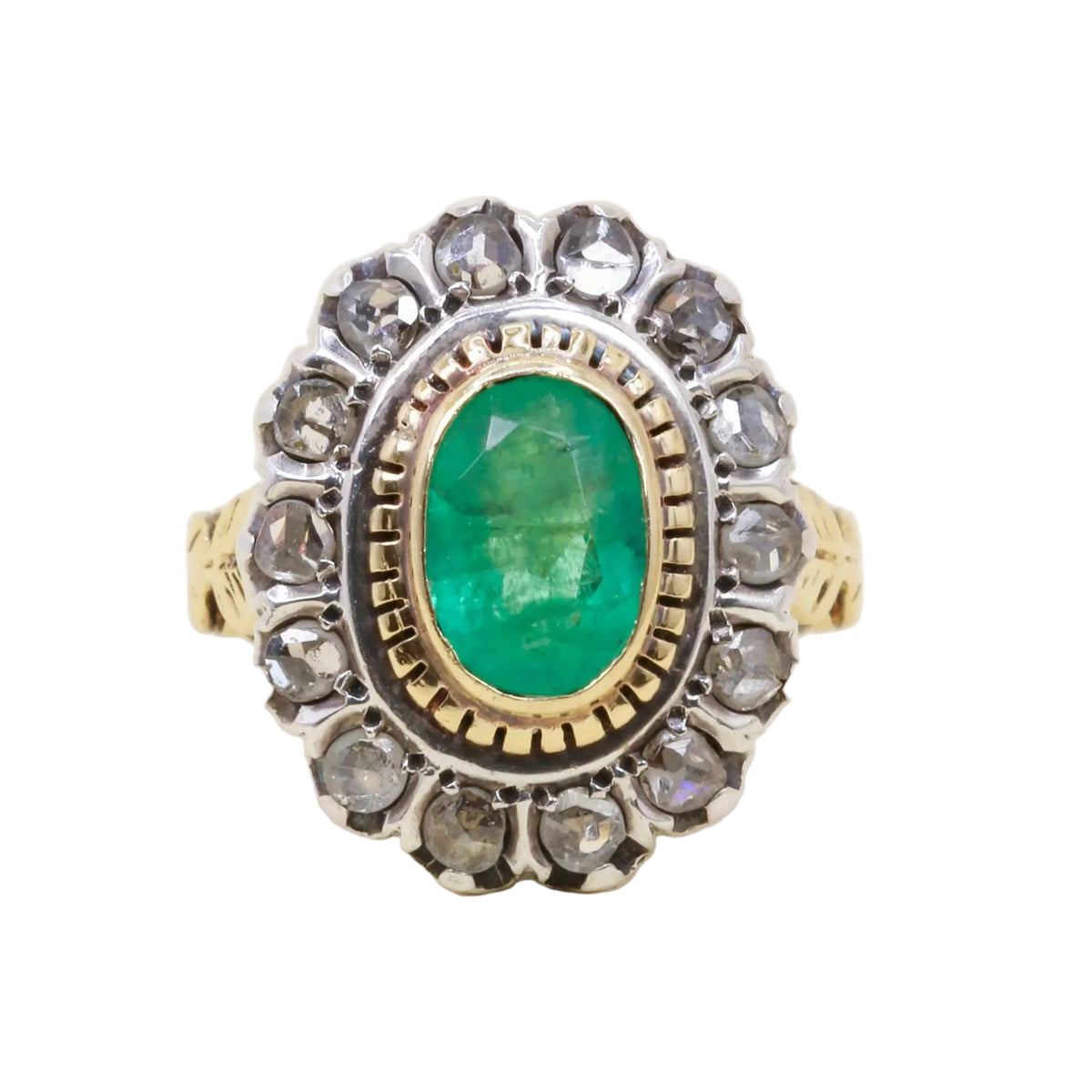 "Entourage" Ring in Yellow Gold, Silver, Emerald, and Diamonds