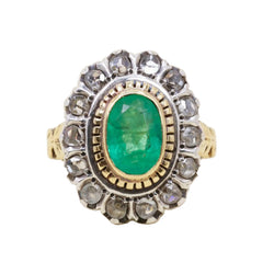 "Entourage" Ring in Yellow Gold, Silver, Emerald, and Diamonds