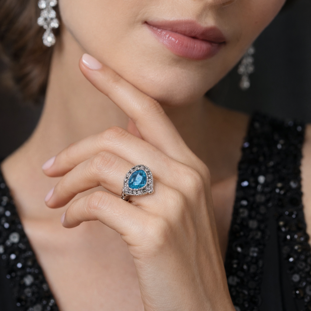 Bague Entourage en platine, aigue-marine et diamants