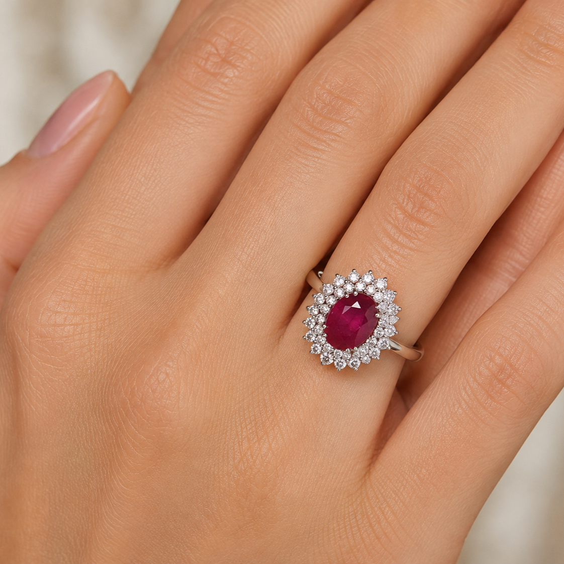 Entourage Ring in white gold, rubies, and diamonds