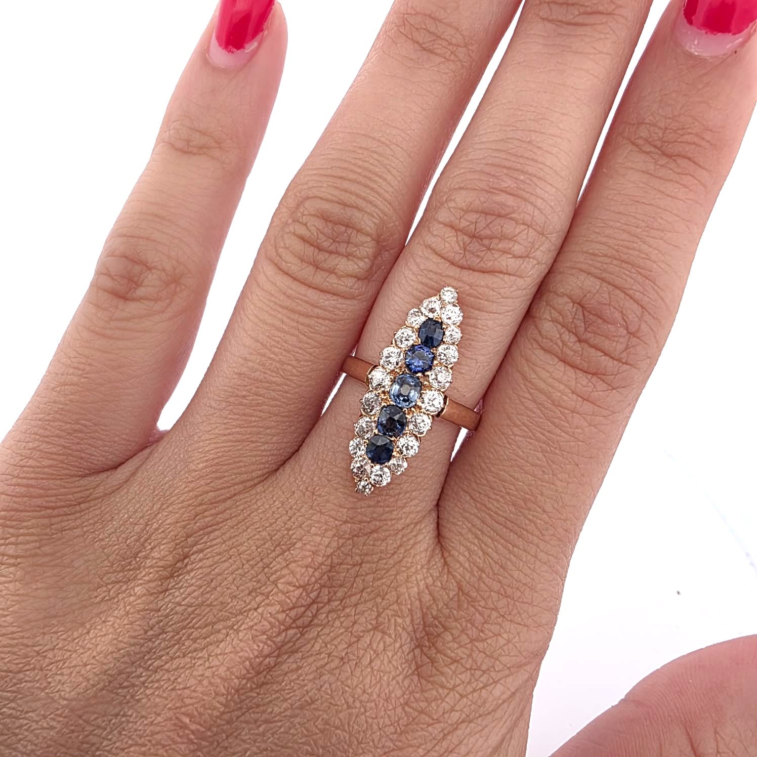 Marquise Ring in Yellow Gold, Sapphires, and Diamonds