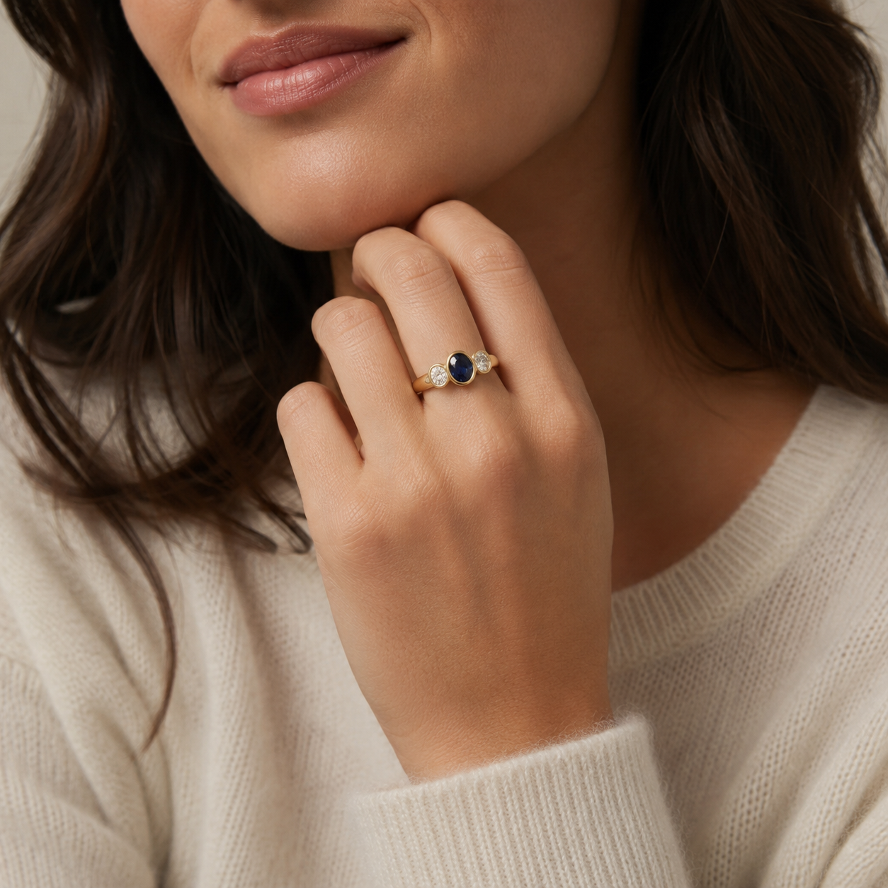 Trilogy Ring in Yellow Gold, Sapphire, and Diamonds