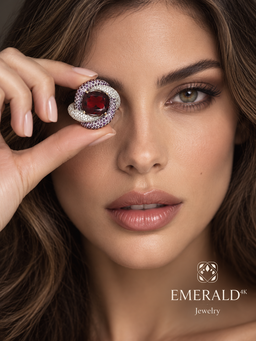"Entourage" Ring in White Gold, Garnet, Amethyst, and Diamonds