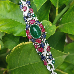Tutti Frutti "Indian Dream" Bracelet, Emerald Cabochon, Rubies, Sapphires, and Diamonds, 18k Gold