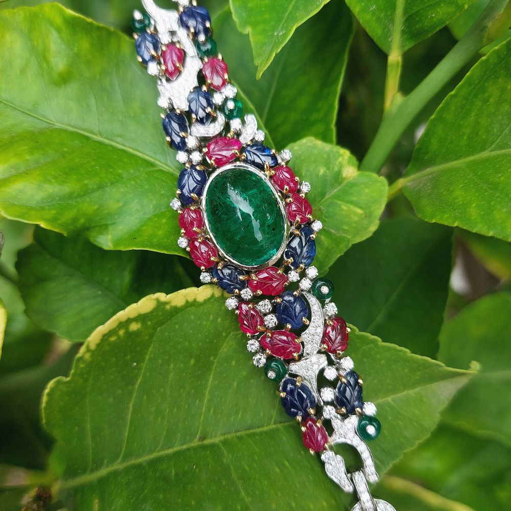 Tutti Frutti "Indian Dream" Bracelet, Emerald Cabochon, Rubies, Sapphires, and Diamonds, 18k Gold