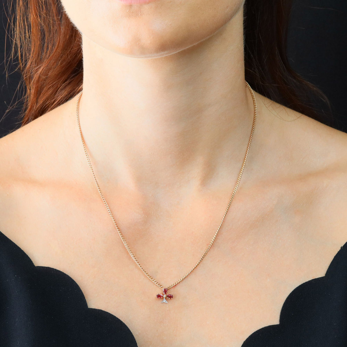 Rose Gold Necklace with Pendant, Pearl, Ruby, and Diamond