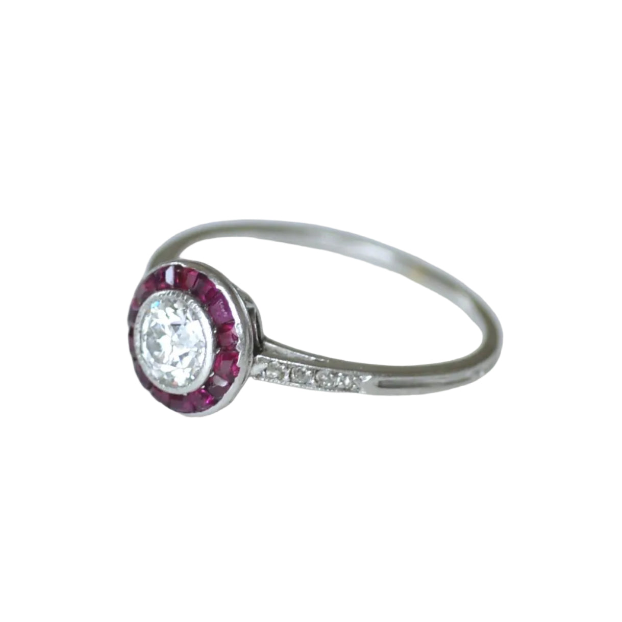 Art Deco Target Ring with Calibrated Diamonds and Rubies Set in White Gold and Platinum