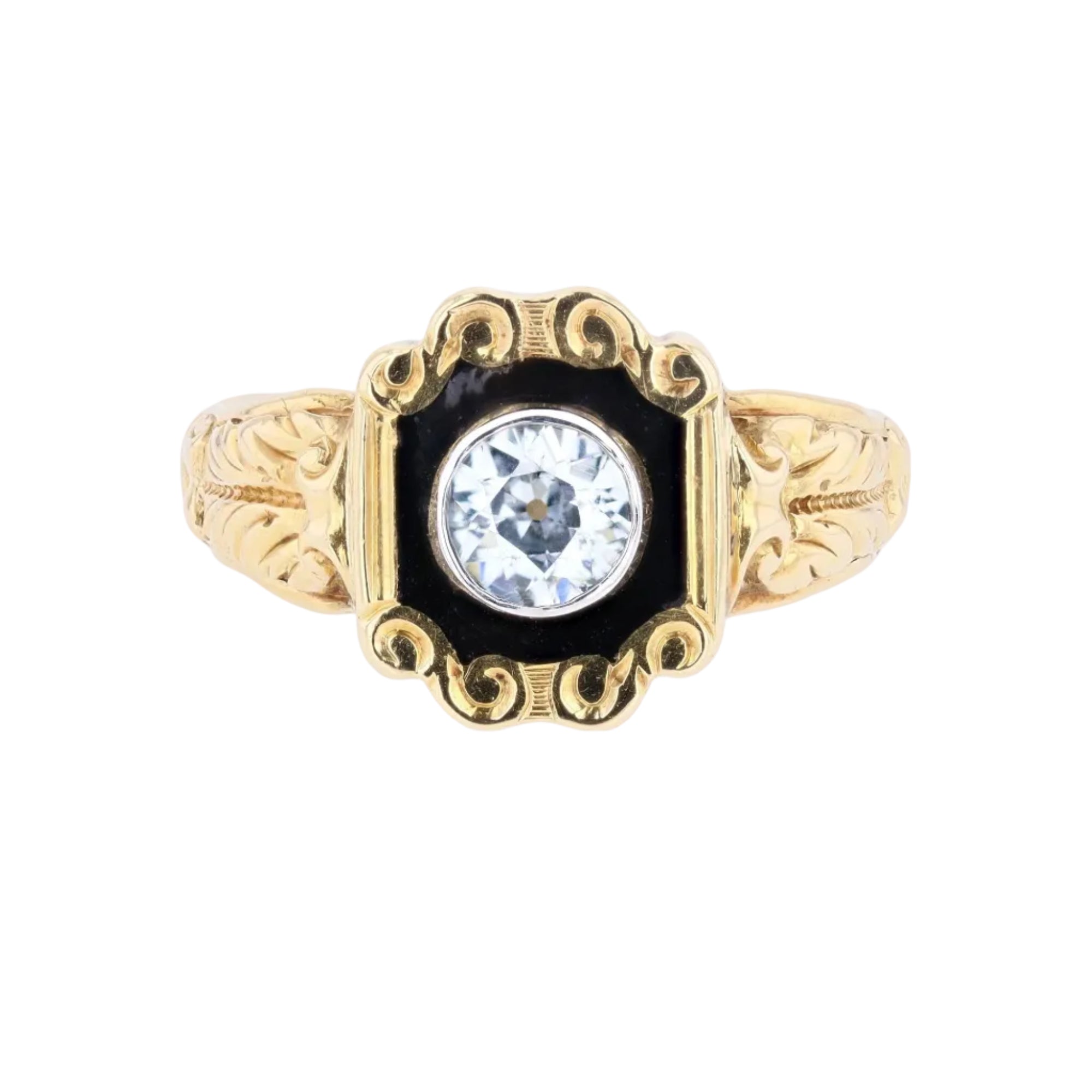 Bague en or jaune, émail et diamant