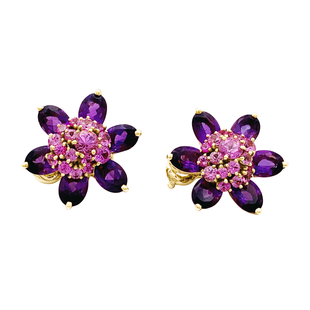 Earrings Van Cleef & Arpels, "Flowers of Hawaii", yellow gold, amethyst, pink sapphires.