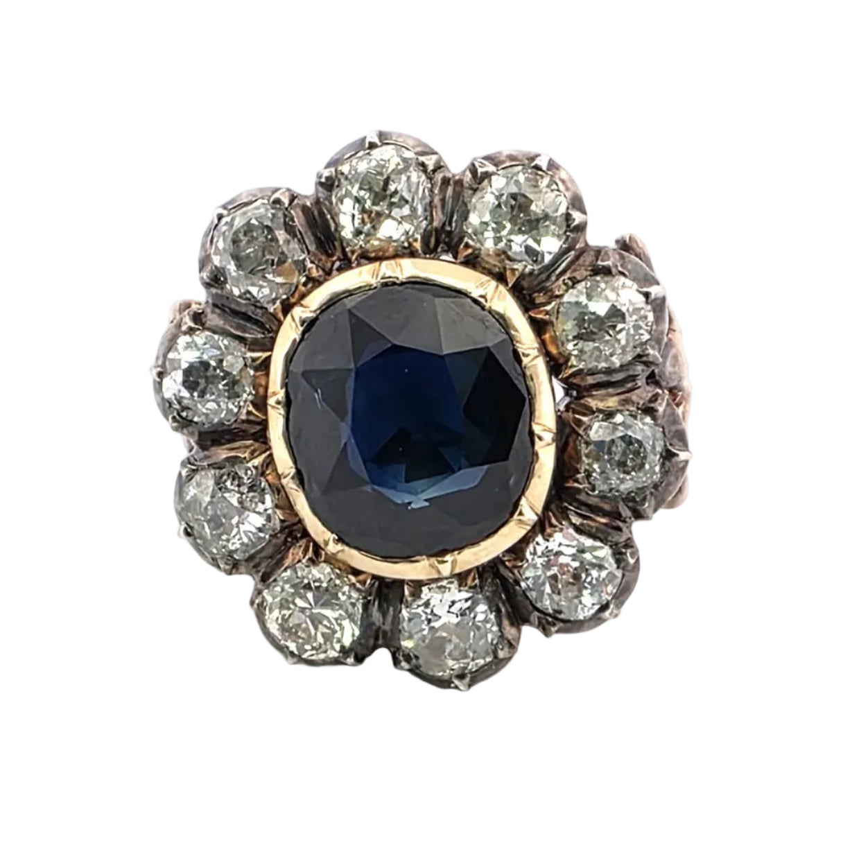 Marguerite Ring in yellow gold, silver, sapphire and diamonds