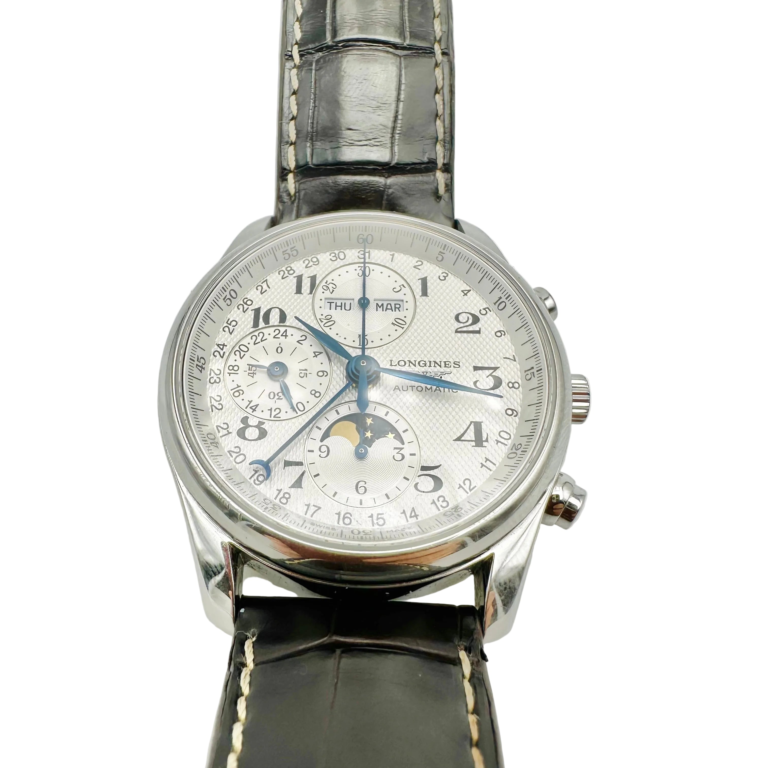 Watch LONGINES "Chrono Moonphase Master Collection" in steel and leather