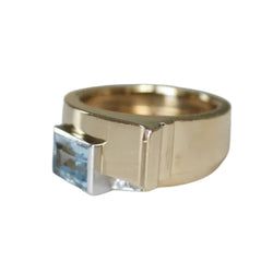 Tank Ring in yellow gold, platinum, aquamarine, and diamonds