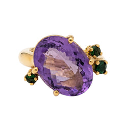 Cocktail Ring in Yellow Gold, Amethyst, and Tsavorites