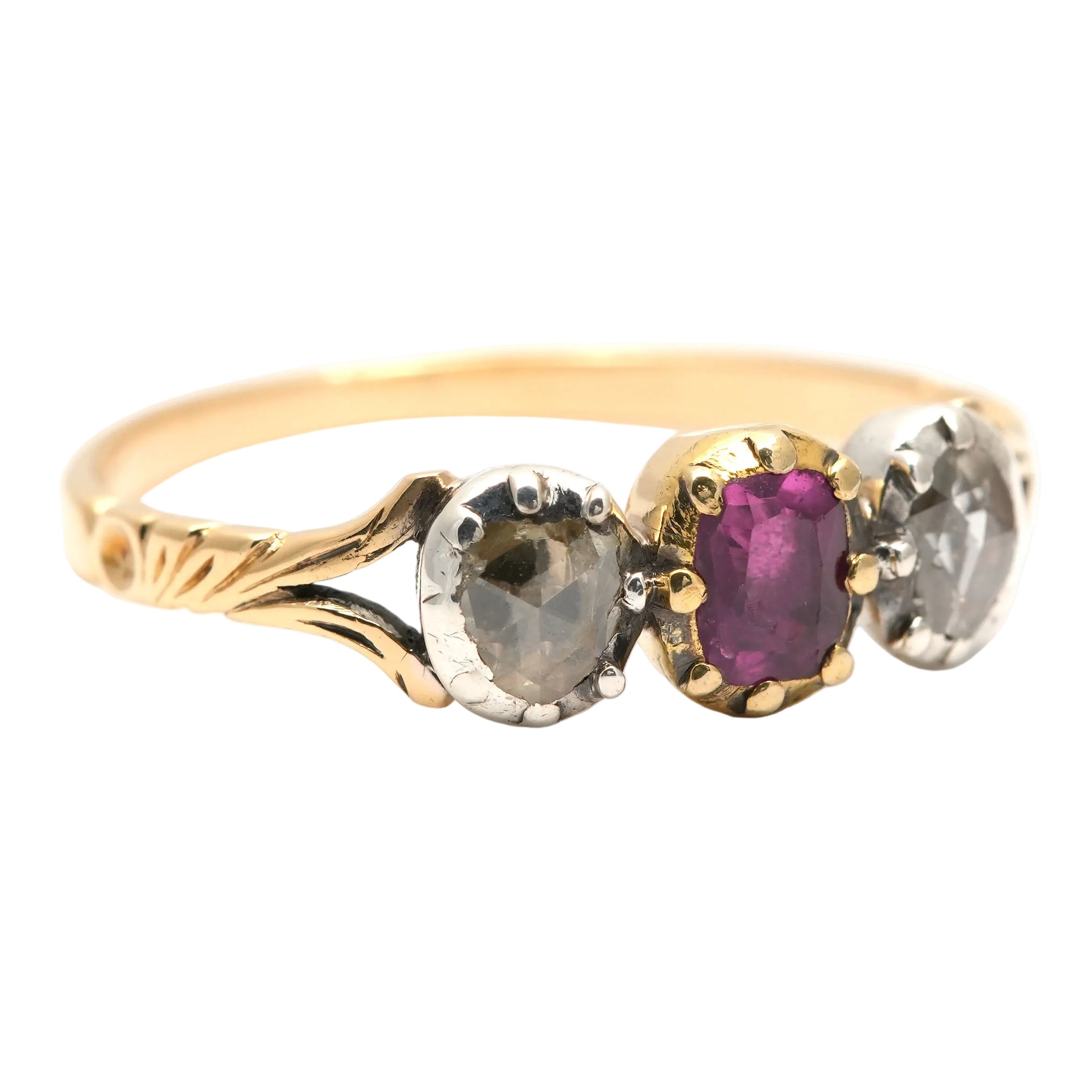 Trilogy Ring in yellow gold, rubies, and diamonds
