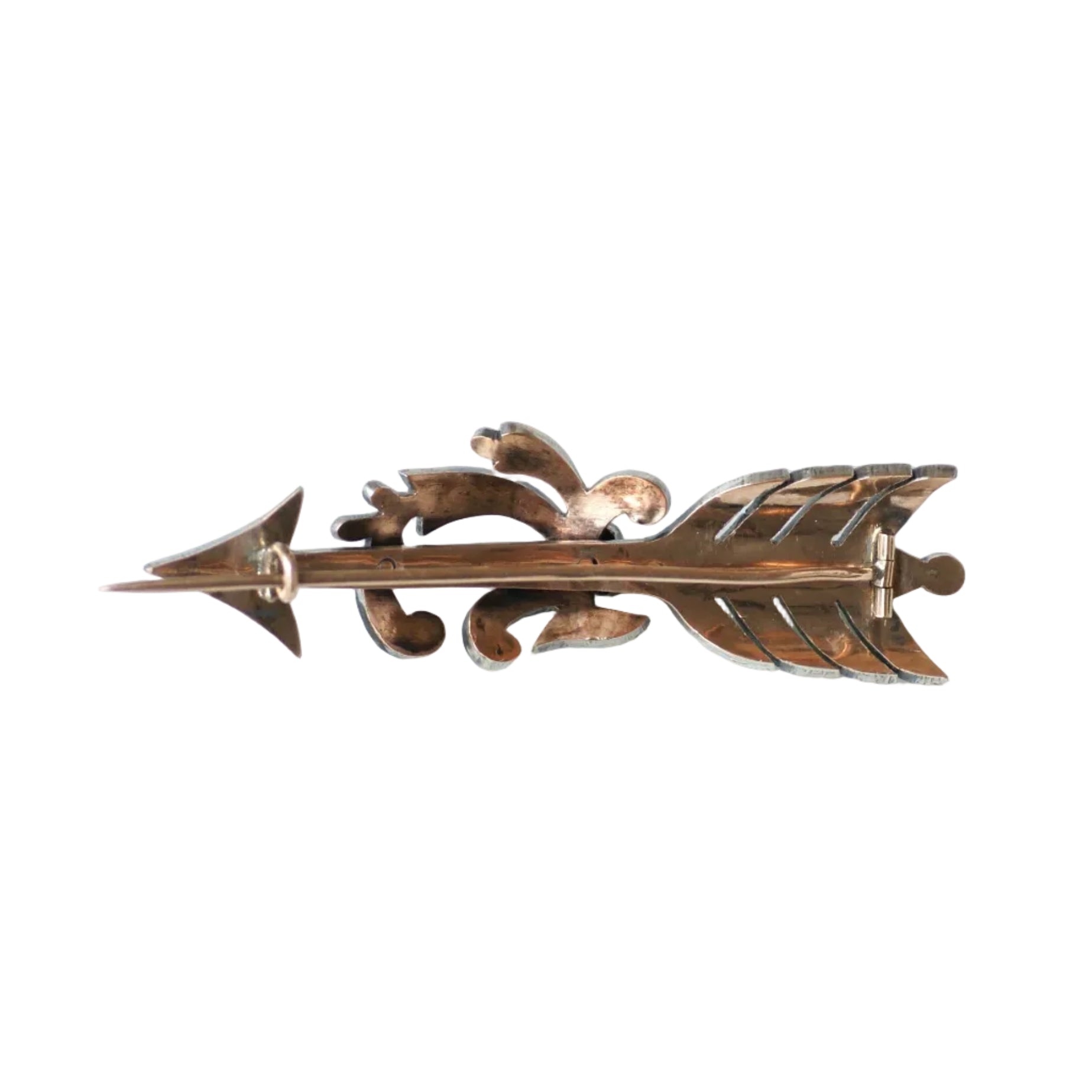 Antique Arrow Brooch with Turquoises and Pearls on Rose gold and Silver
