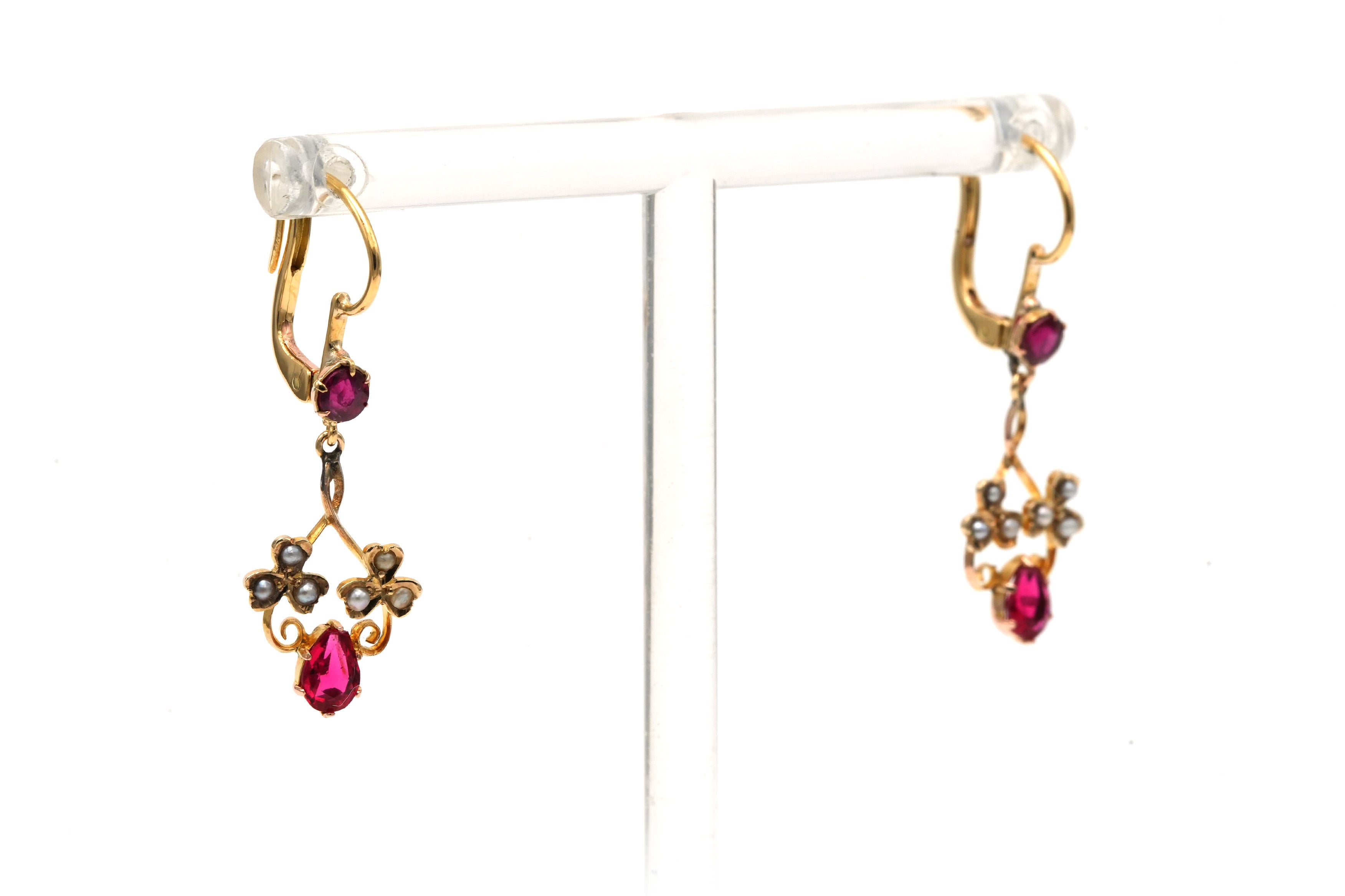 Yellow gold, Ruby, and Pearl Lever-back Earrings