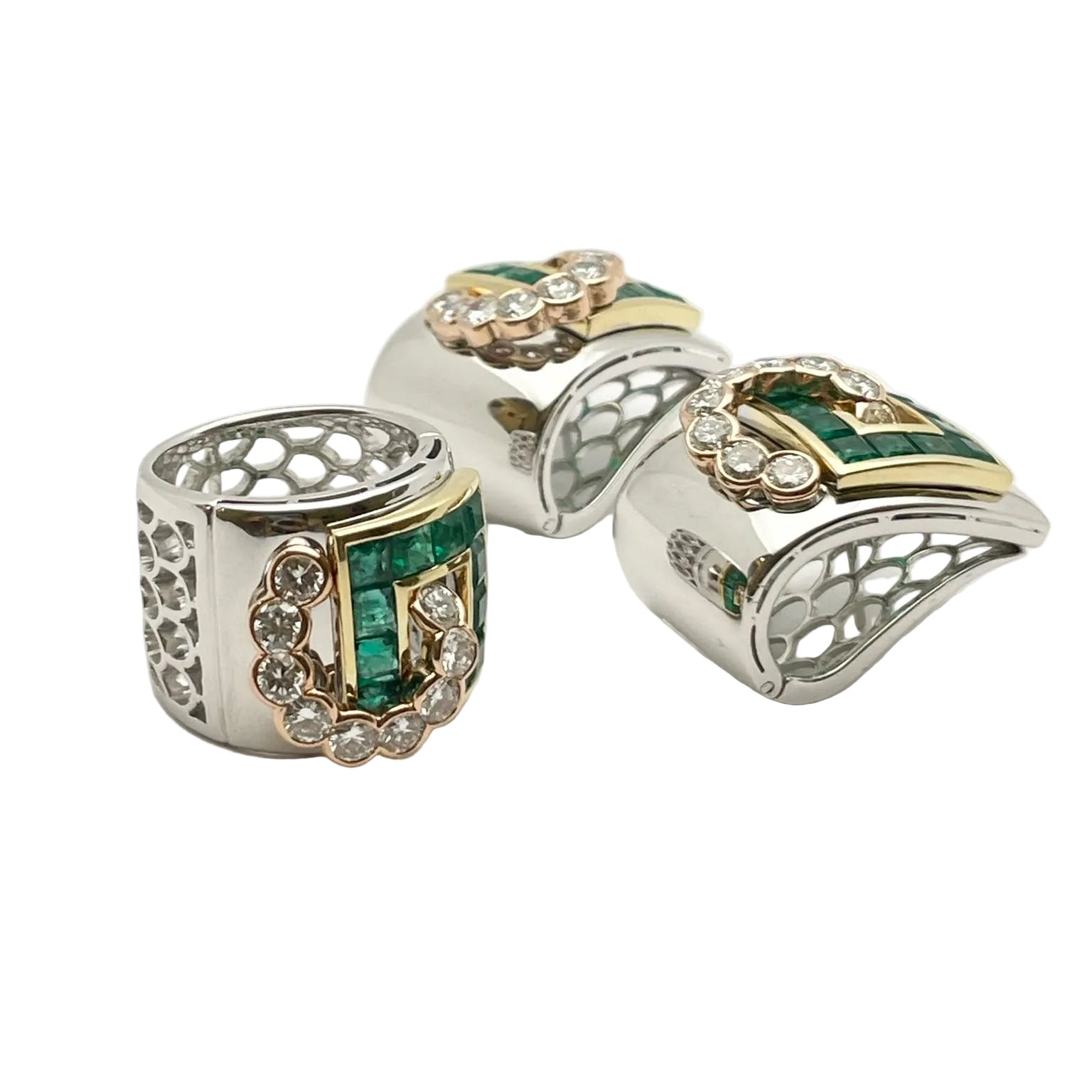 LUCIANO SOMENZI jewelry set in white gold, yellow gold, rose gold, emeralds, and diamonds