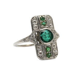 Art Deco ring in white gold, emeralds, and diamonds