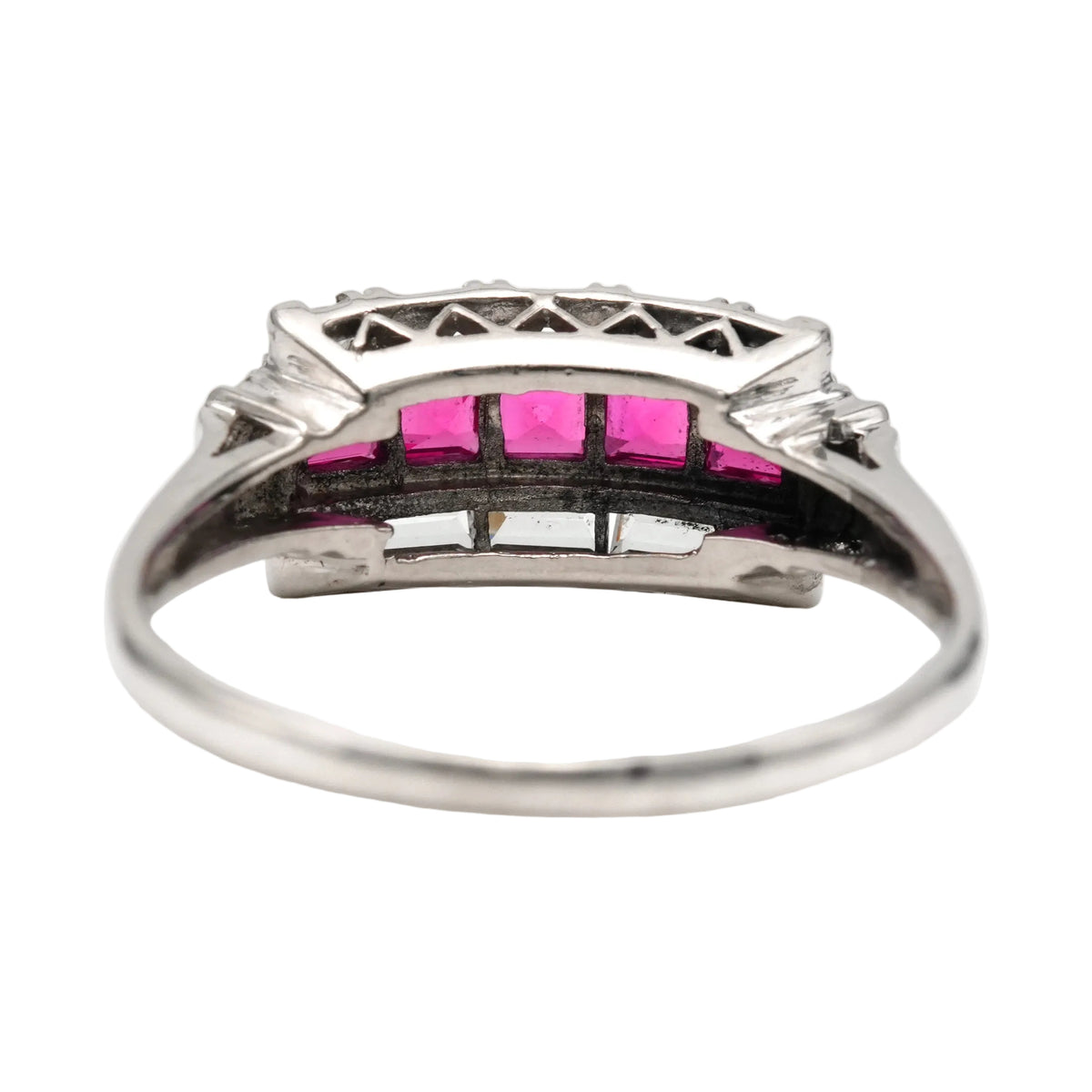 Tank Ring in white gold, rubies, and zirconia