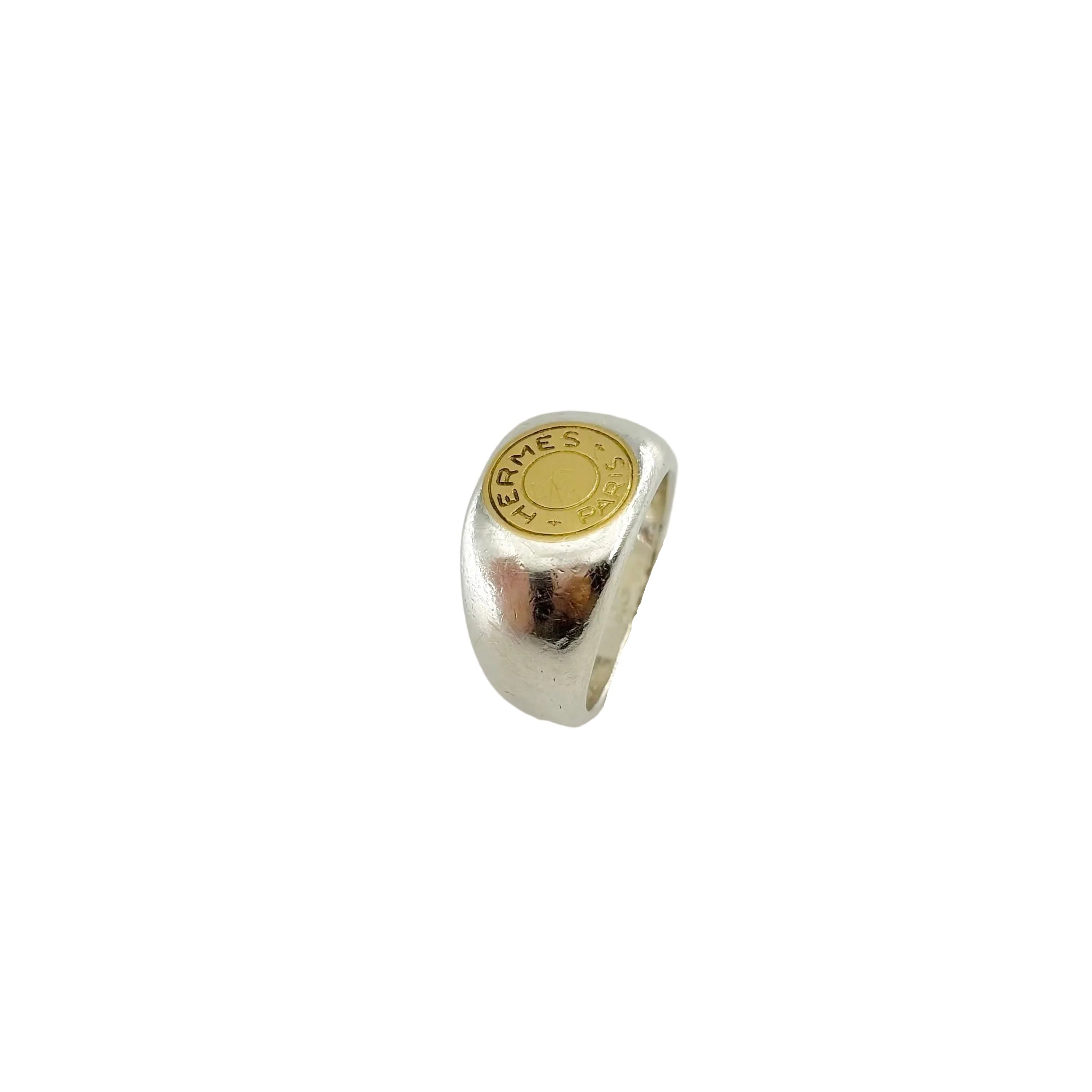HERMÈS "Clou de selle" Signet ring in Silver and Yellow gold