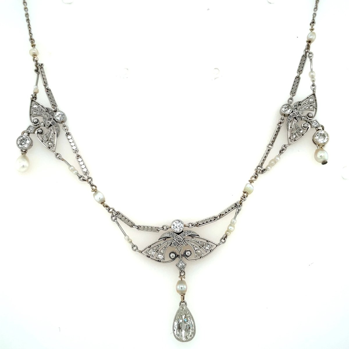 Edwardian Diamond Natural Pearls Necklace in Platinum - Castafiore