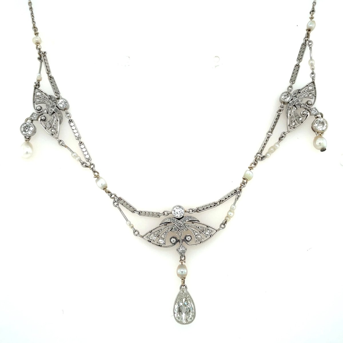 Edwardian Diamond Natural Pearls Necklace in Platinum - Castafiore